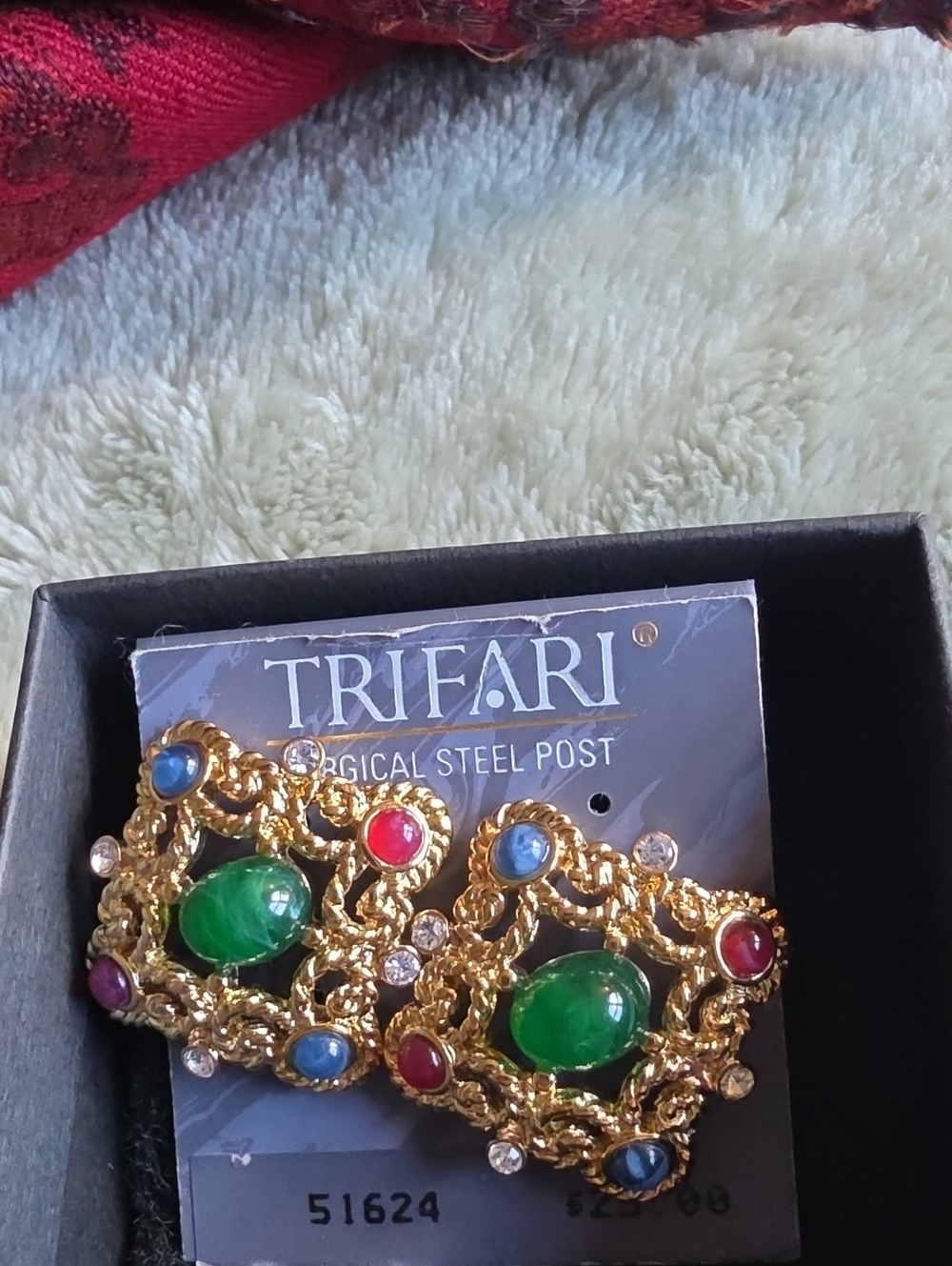 Trifari Gold-Tone Earrings with Green, Blue and Red Cabochons